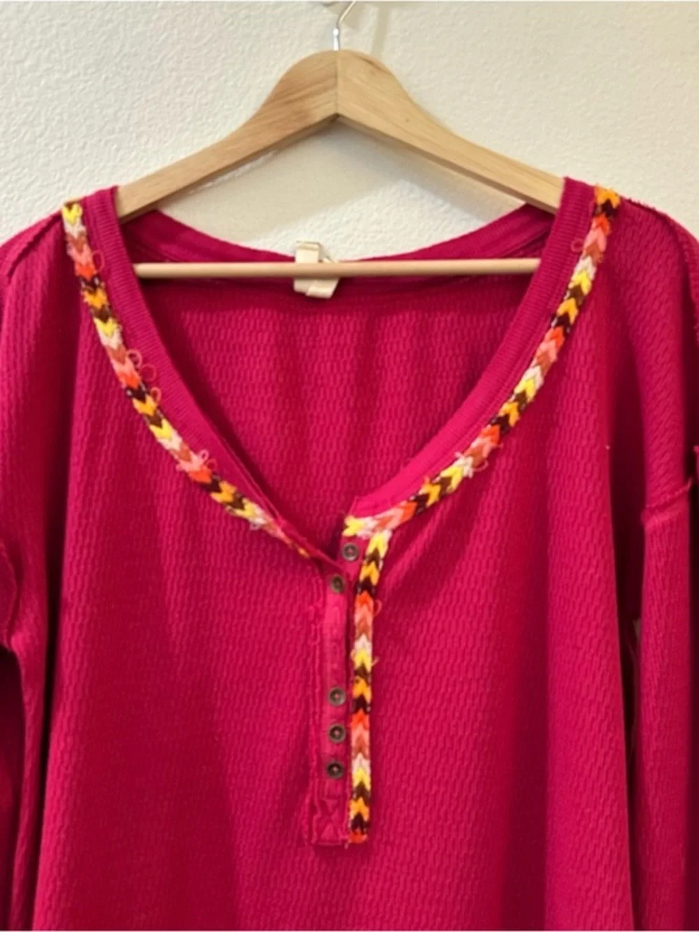 Free People Tribal Rainbow Henley Embroidered Thermal Long Sleeve Tee Size Large
